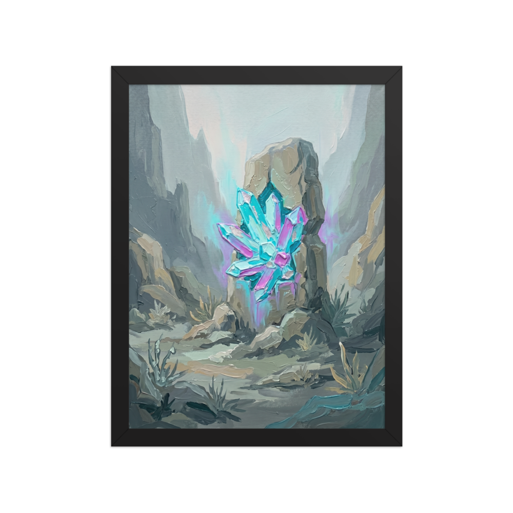 'Monolith's Crystal Heart' — a Surrealism,Impressionism print. An impasto oil painting of a bright cyan and purple crystal cluster embedded in a gray stone monolith in a muted canyon, perfect for adding a mystical touch to an office or living room.