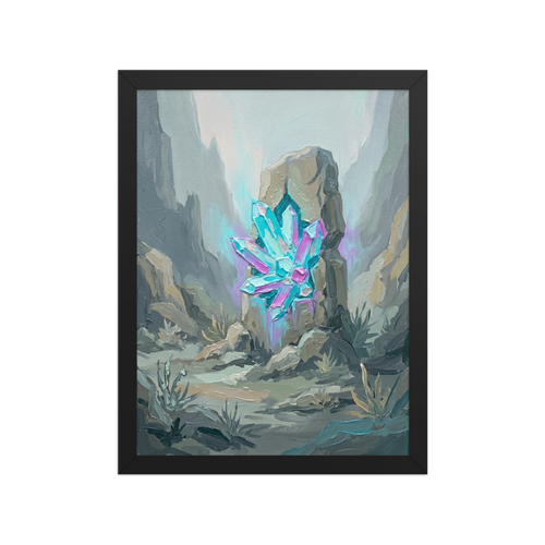 'Monolith's Crystal Heart' — a Surrealism,Impressionism print. An impasto oil painting of a bright cyan and purple crystal cluster embedded in a gray stone monolith in a muted canyon, perfect for adding a mystical touch to an office or living room.