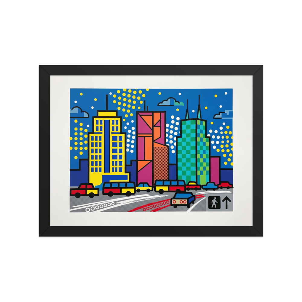 'City Commute Pop' — a Pop art print. A colorful pop art print of a city skyline with geometric buildings and traffic on the street below, perfect for a modern office or living room.