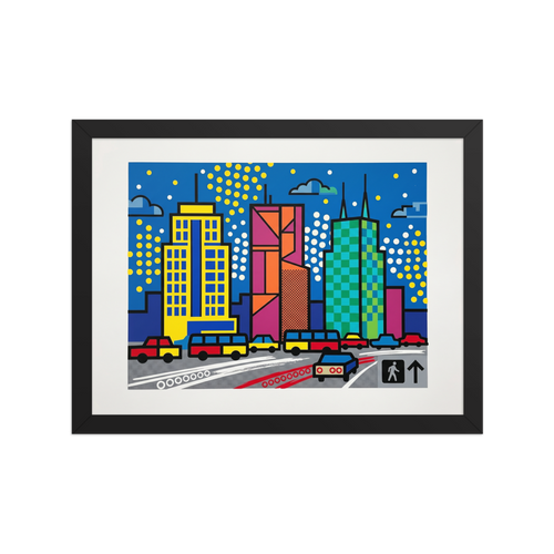 'City Commute Pop' — a Pop art print. A colorful pop art print of a city skyline with geometric buildings and traffic on the street below, perfect for a modern office or living room.
