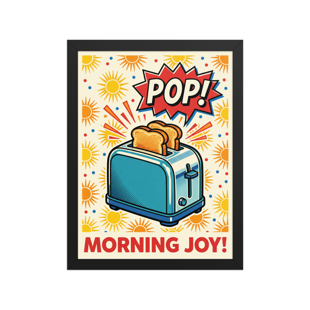 'Morning Joy Toaster' — a Pop art print. A vibrant Pop Art illustration of a blue toaster with golden toast popping out, accompanied by a POP speech bubble and a sunny background, perfect for a cheerful Kitchen.