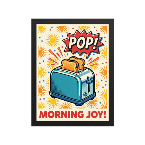 'Morning Joy Toaster' — a Pop art print. A vibrant Pop Art illustration of a blue toaster with golden toast popping out, accompanied by a POP speech bubble and a sunny background, perfect for a cheerful Kitchen.