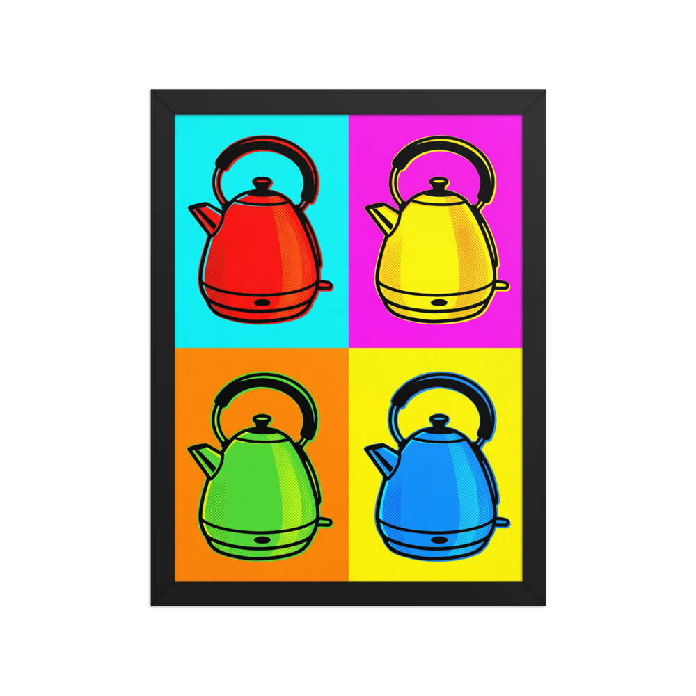 'Quad Chroma Kettle' — a Pop art print. A four-panel pop art illustration featuring a kettle in red, yellow, green, and blue against contrasting bright backgrounds, perfect for a modern Kitchen.
