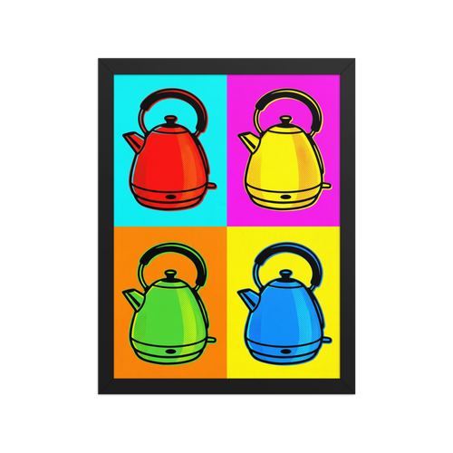 'Quad Chroma Kettle' — a Pop art print. A four-panel pop art illustration featuring a kettle in red, yellow, green, and blue against contrasting bright backgrounds, perfect for a modern Kitchen.