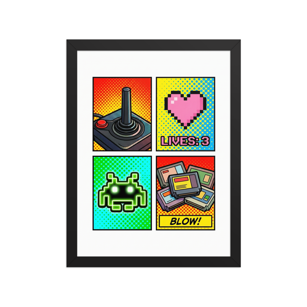'Retro Arcade Memories' — a Pop art print. A pop art collage of retro video game elements including a joystick, a pixel heart with lives remaining, a space invader, and game cartridges, set against bright dotted backgrounds.
