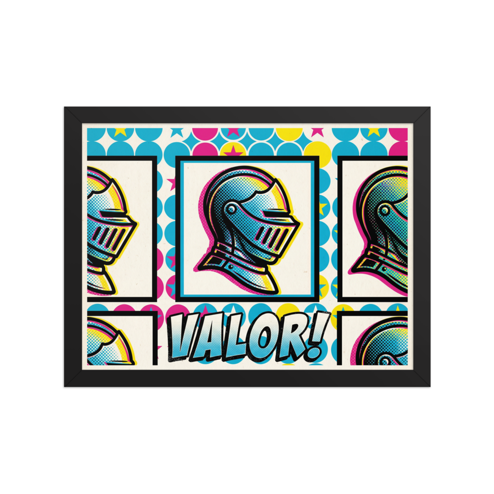 'Pop Art Valor' — a Pop art print. A pop art illustration featuring a repeated knight's helmet in cyan and yellow, set against a background of colorful circles and stars, with the word VALOR written below, perfect for a Game Room.