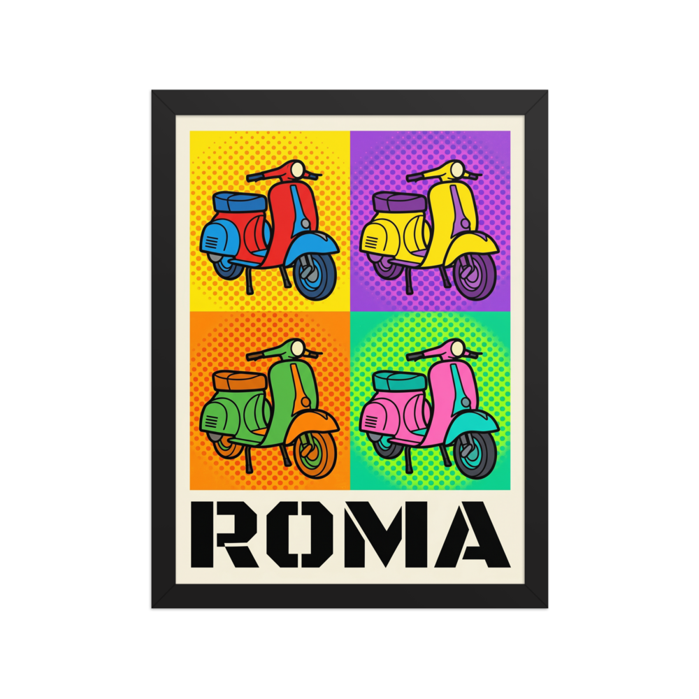 'Roma Scooter Pop' — a Pop art print. A vibrant four-panel pop art illustration of classic Italian scooters in primary colors with dotted backgrounds, sitting above the bold text ROMA.