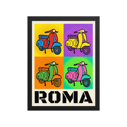 'Roma Scooter Pop' — a Pop art print. A vibrant four-panel pop art illustration of classic Italian scooters in primary colors with dotted backgrounds, sitting above the bold text ROMA.
