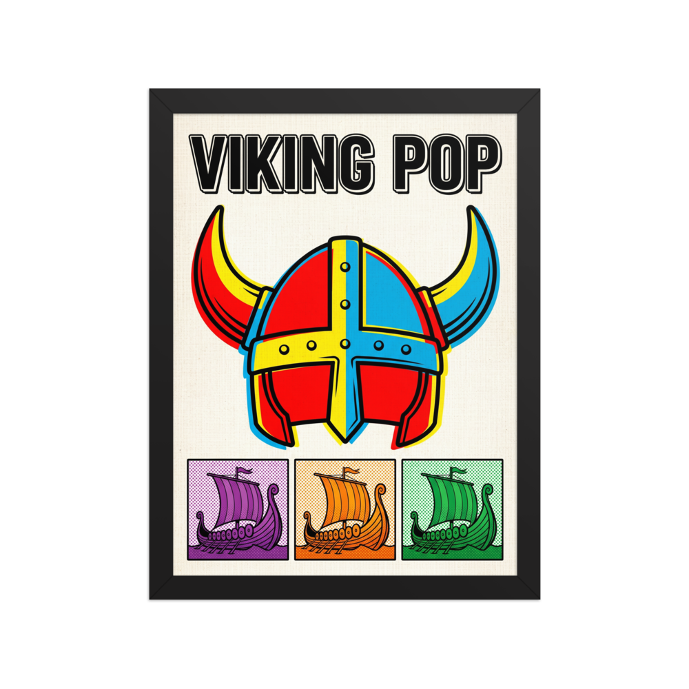 'Viking Pop' — a Pop art print. A pop art poster titled Viking Pop featuring a colorful horned helmet above three small panels of Viking longships in purple, orange, and green, perfect for a Game Room.
