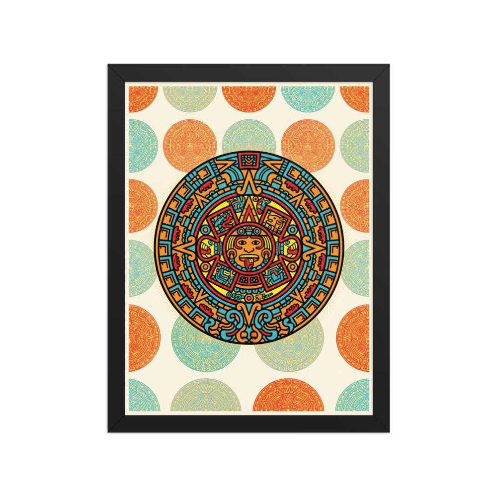 'Pop Aztec Sun' — a Pop art print. A pop art style illustration of the Aztec sun stone in bright cyan, red, and yellow, surrounded by a repeating pattern of faded sun stones on a cream background, perfect for a Living Room.