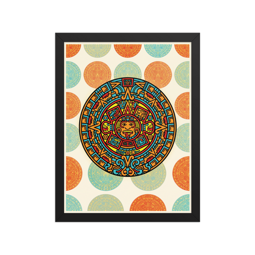 'Pop Aztec Sun' — a Pop art print. A pop art style illustration of the Aztec sun stone in bright cyan, red, and yellow, surrounded by a repeating pattern of faded sun stones on a cream background, perfect for a Living Room.