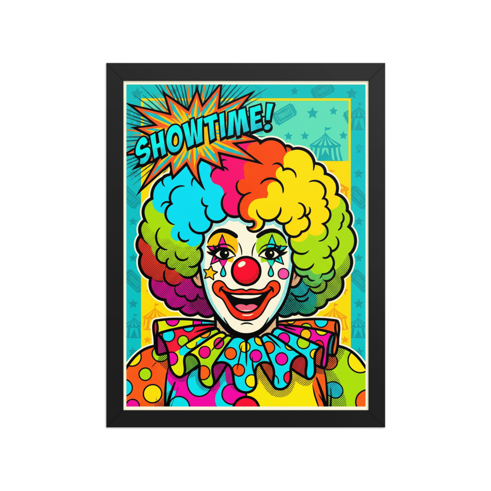 'Showtime Pop Clown' — a Pop art print. A pop art comic style illustration of a smiling clown with rainbow hair and a 'SHOWTIME!' text bubble, perfect for a lively Game Room.