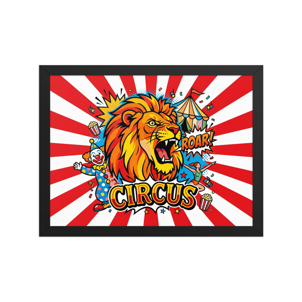 'Roar of the Circus' — a Pop art print. A vibrant pop art poster featuring a roaring lion, a clown, and an acrobat against a red and white sunburst, ideal for a bold Playroom or Game Room.