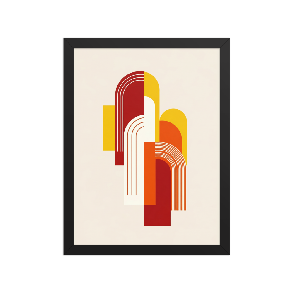 'Sunset Arches' — a Geometric abstract art print. Abstract geometric art featuring intersecting red, orange, and yellow arches, ideal for an Entryway.