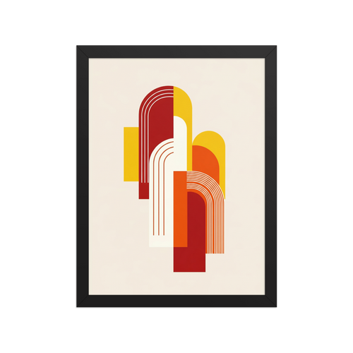 'Sunset Arches' — a Geometric abstract art print. Abstract geometric art featuring intersecting red, orange, and yellow arches, ideal for an Entryway.