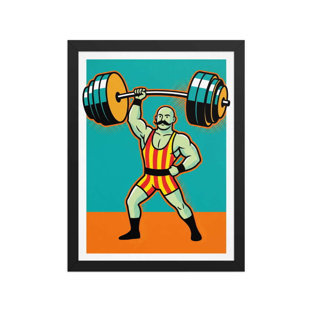 'The Mighty Lifter' — a Pop art print. A retro pop art illustration of a muscular strongman lifting a heavy barbell with one hand against a teal and orange background, perfect for a home Gym.