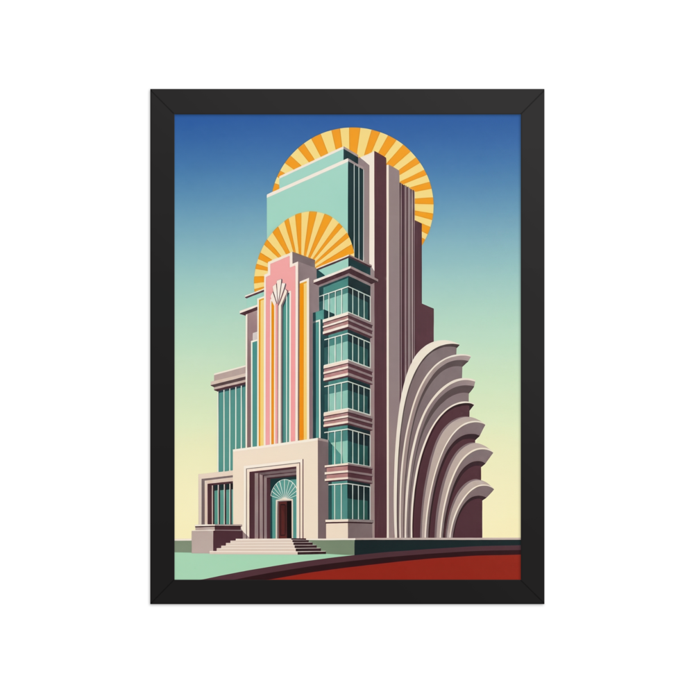 'Deco Metropolis' — a Art Deco print. A stylized illustration of a towering Art Deco skyscraper with a vibrant sunburst backdrop, suited for a Living Room.
