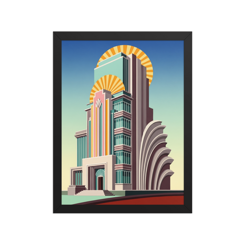 'Deco Metropolis' — a Art Deco print. A stylized illustration of a towering Art Deco skyscraper with a vibrant sunburst backdrop, suited for a Living Room.