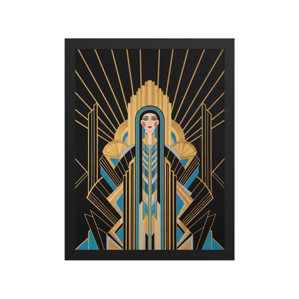 'Deco Empress' — a Art Deco print. An elegant Art Deco portrait of a woman in geometric black and blue garments against a golden sunburst, perfect for a Bedroom.