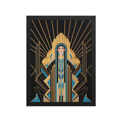 'Deco Empress' — a Art Deco print. An elegant Art Deco portrait of a woman in geometric black and blue garments against a golden sunburst, perfect for a Bedroom.