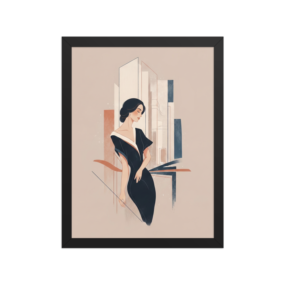 'Midnight Chic' — a Art Deco print. A chic, minimalist illustration of a woman in a black dress against a soft geometric background, suited for a Walk-in Closet.