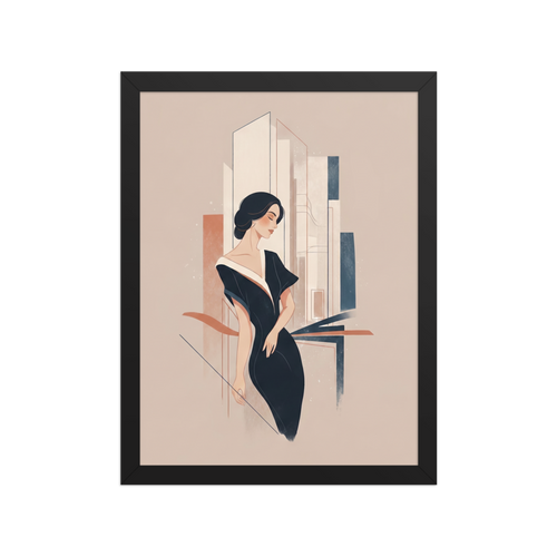 'Midnight Chic' — a Art Deco print. A chic, minimalist illustration of a woman in a black dress against a soft geometric background, suited for a Walk-in Closet.