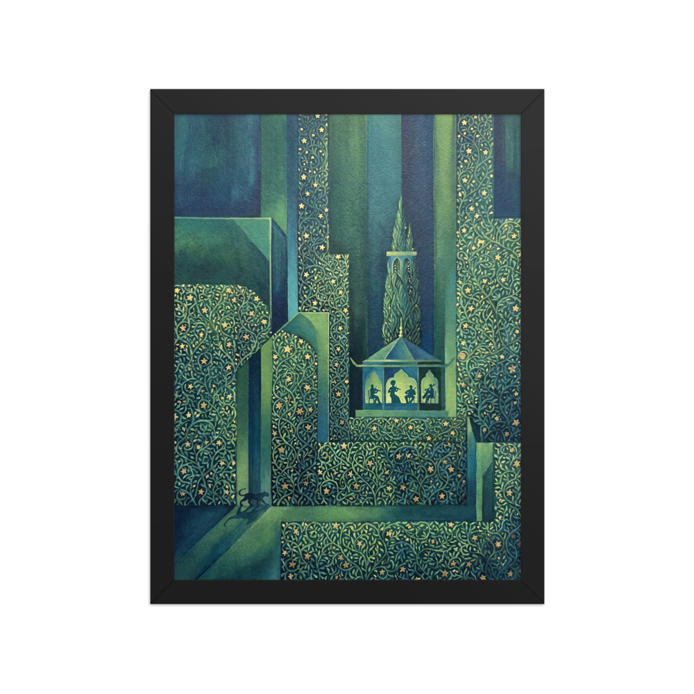 'Starlight Serenade' — a Art Deco print. A magical garden at night with geometric hedges, golden stars, and silhouettes of musicians playing in a gazebo, ideal for a Sunroom.