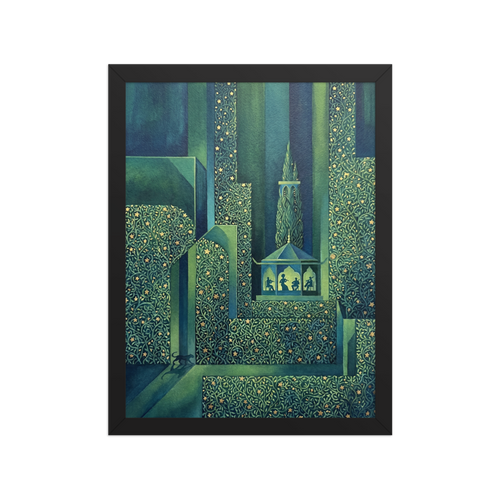 'Starlight Serenade' — a Art Deco print. A magical garden at night with geometric hedges, golden stars, and silhouettes of musicians playing in a gazebo, ideal for a Sunroom.