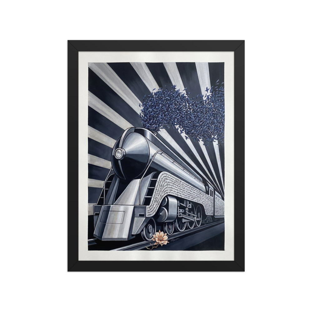 'The Aviary Express' — a Art Deco,Surrealism print. A surreal Art Deco illustration of a vintage train with blue birds flying out of the smokestack against black and white stripes, perfect for an Office.
