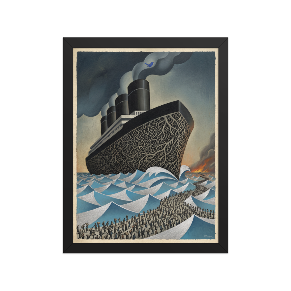 'The Rooted Voyage' — a Surrealism,Art Deco print. A surreal painting of a massive ship with a root-like hull navigating sharp waves, with a line of people walking towards it, ideal for a Library.