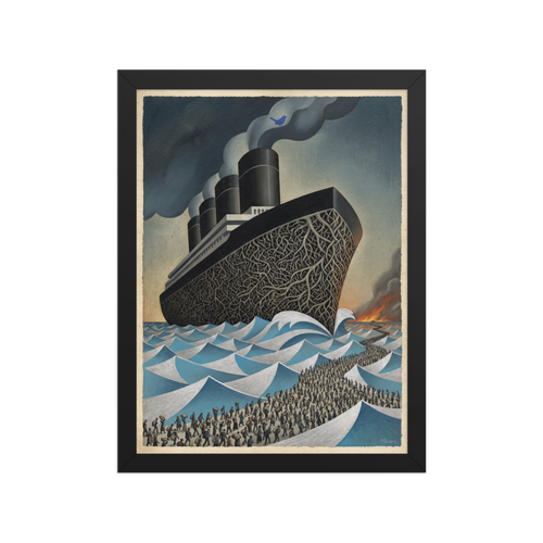 'The Rooted Voyage' — a Surrealism,Art Deco print. A surreal painting of a massive ship with a root-like hull navigating sharp waves, with a line of people walking towards it, ideal for a Library.