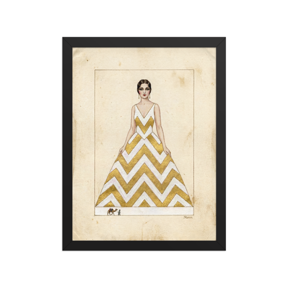 'The Golden Chevron' — a Art Deco,Surrealism print. A vintage fashion illustration of a woman in a gold chevron dress with a tiny camel and rider at her feet, suited for a Walk-in Closet.