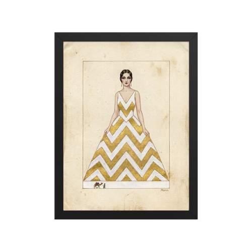 'The Golden Chevron' — a Art Deco,Surrealism print. A vintage fashion illustration of a woman in a gold chevron dress with a tiny camel and rider at her feet, suited for a Walk-in Closet.