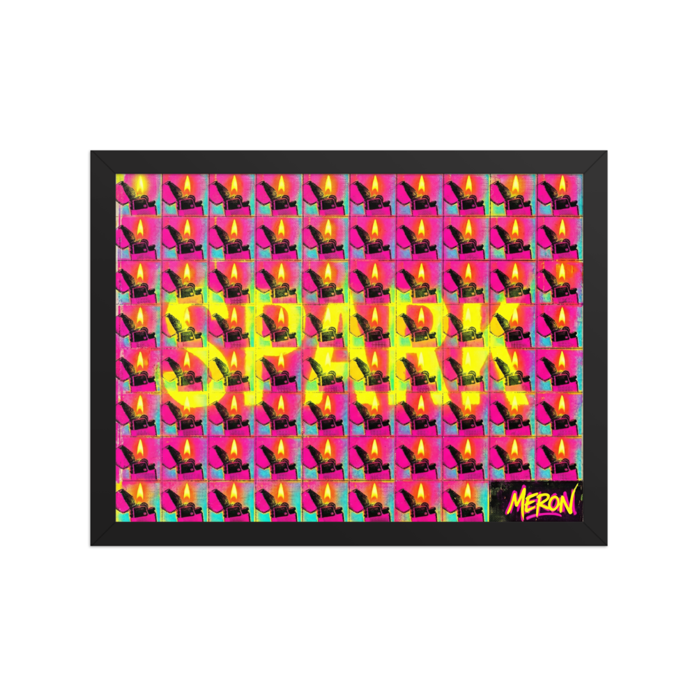 'Magenta Spark Grid' — a Pop art print. A pop art grid of flaming flip lighters in hot pink and magenta with the word 'SPARK' overlaid in large yellow letters, perfect for a Cigar Lounge.