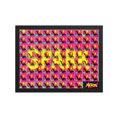 'Magenta Spark Grid' — a Pop art print. A pop art grid of flaming flip lighters in hot pink and magenta with the word 'SPARK' overlaid in large yellow letters, perfect for a Cigar Lounge.