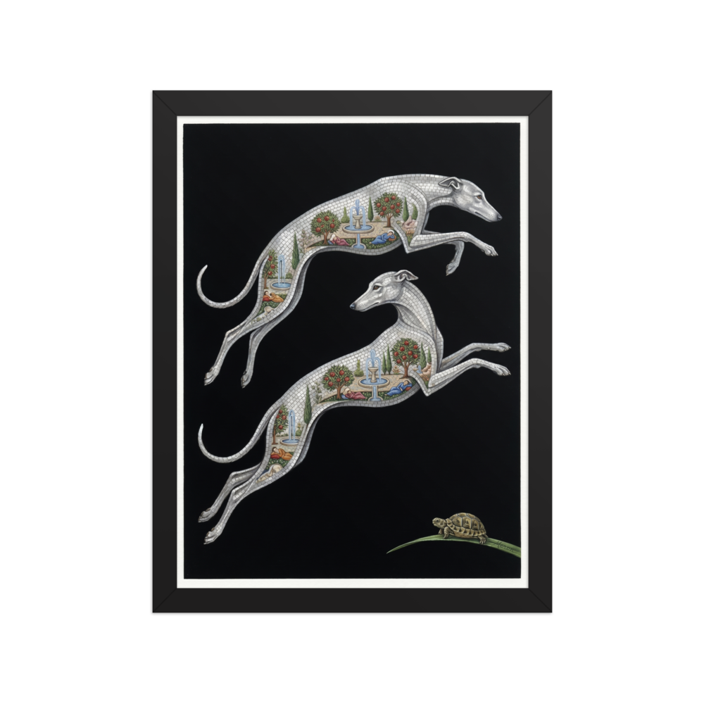 'Greyhound Gardens' — a Art Deco print. A surreal Art Deco illustration of two leaping mosaic greyhounds with miniature gardens inside their bodies, alongside a small tortoise, perfect for a modern Living Room.