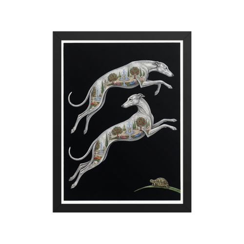 'Greyhound Gardens' — a Art Deco print. A surreal Art Deco illustration of two leaping mosaic greyhounds with miniature gardens inside their bodies, alongside a small tortoise, perfect for a modern Living Room.