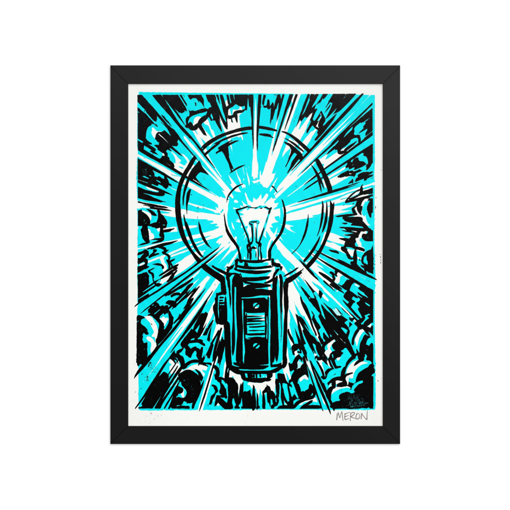 'Cyan Eureka' — a Pop art print. A high-contrast cyan and black pop art illustration of a glowing lightbulb emitting radiating beams of light, ideal for an Office.
