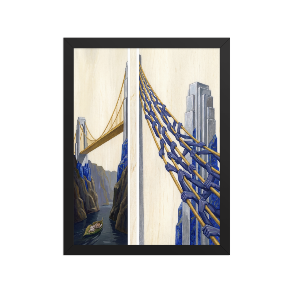 'The Pillars of Dreams' — a Art Deco,Surrealism print. A surreal Art Deco diptych painting showing a baby floating down a river beneath a giant golden bridge, whose cables are revealed to be held by dozens of blue hands.