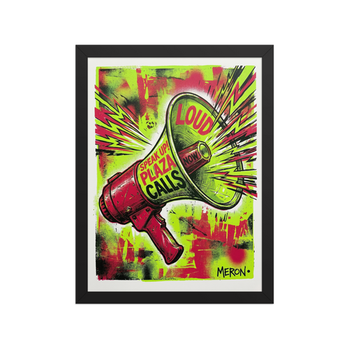 'Loud & Clear' — a Pop art print. A grungy pop art illustration of a red megaphone shouting typography like 'LOUD' and 'SPEAK UP!' against a lime green and red background.