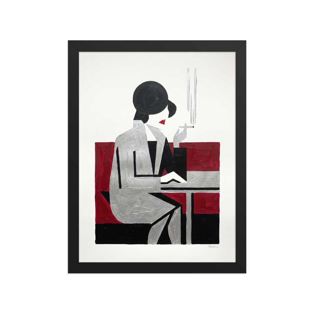 'Café Silhouette' — a Art Deco,Cubism print. A minimalist Art Deco painting of a stylized woman smoking a cigarette at a table, using black, silver, and red geometric shapes, ideal for a Bedroom or Lounge.