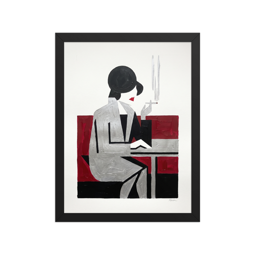 'Café Silhouette' — a Art Deco,Cubism print. A minimalist Art Deco painting of a stylized woman smoking a cigarette at a table, using black, silver, and red geometric shapes, ideal for a Bedroom or Lounge.