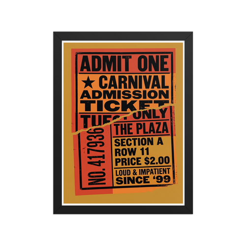 'Torn Admission' — a Pop art print. A vintage orange and black torn carnival admission ticket, perfect for a lively Game Room.