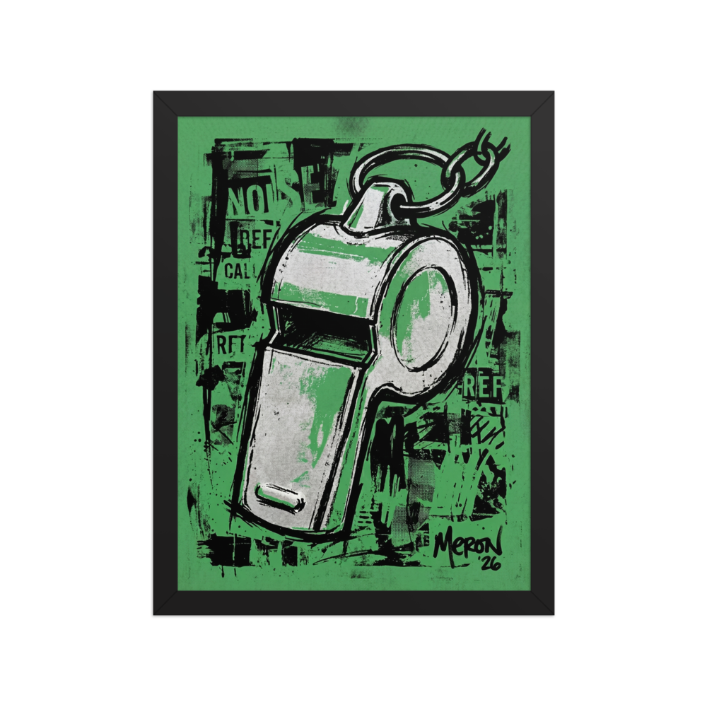 'The Referee's Call' — a Pop art print. A Pop Art style illustration of a silver sports whistle on a textured green background, ideal for a Game Room or Man Cave.