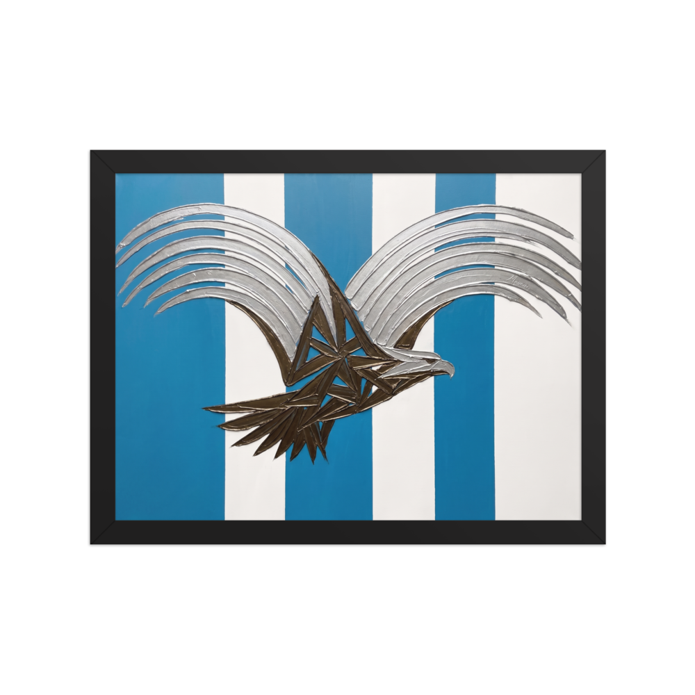 'Deco Eagle in Flight' — a Art Deco print. A stylized geometric painting of an eagle with silver wings and a bronze body flying against blue and white vertical stripes, perfect for an Office or Boy's Room.
