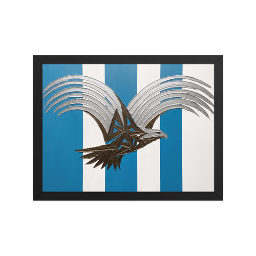 'Deco Eagle in Flight' — a Art Deco print. A stylized geometric painting of an eagle with silver wings and a bronze body flying against blue and white vertical stripes, perfect for an Office or Boy's Room.