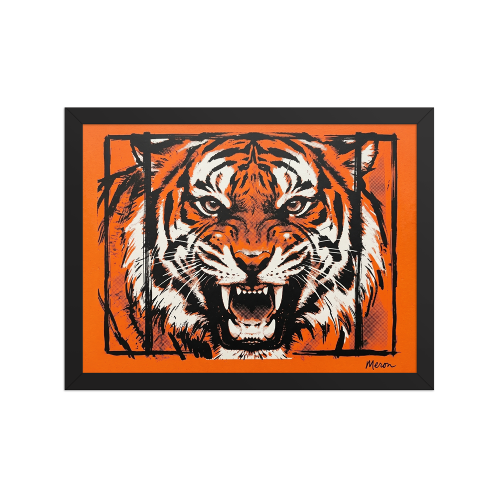 'Fierce Roar' — a Pop art print. A striking orange and black Pop Art illustration of a roaring tiger, making a bold statement in a Living Room or Office.