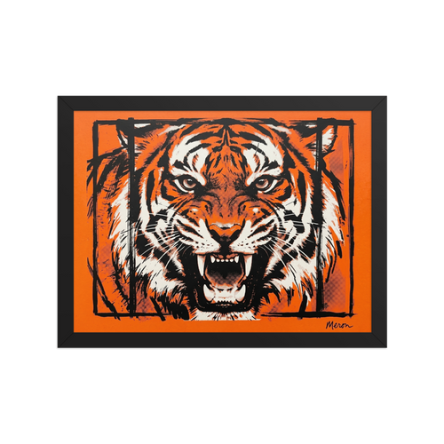 'Fierce Roar' — a Pop art print. A striking orange and black Pop Art illustration of a roaring tiger, making a bold statement in a Living Room or Office.
