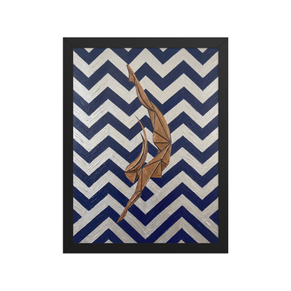 'The Deco Diver' — a Art Deco print. An Art Deco painting with thick impasto texture showing a geometric bronze diver against a background of bold silver and dark blue chevron zigzags, perfect for a Bathroom or Gym.