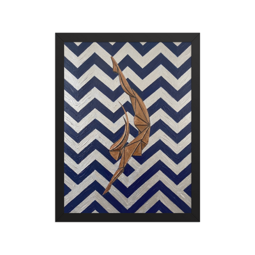 'The Deco Diver' — a Art Deco print. An Art Deco painting with thick impasto texture showing a geometric bronze diver against a background of bold silver and dark blue chevron zigzags, perfect for a Bathroom or Gym.